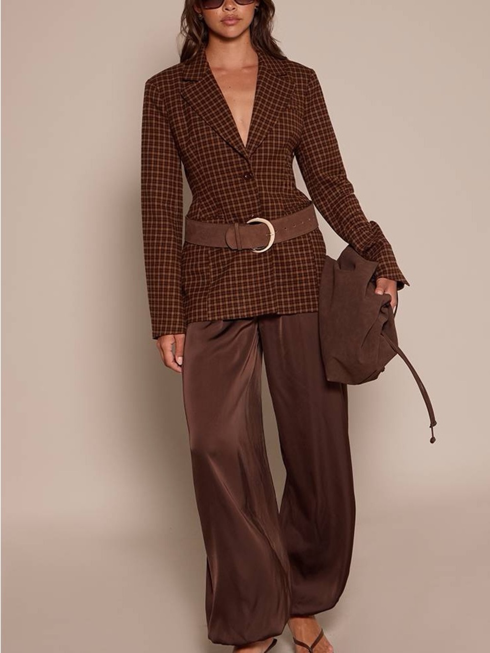 PrettyLittleThing Brown Check Moulded Hip Cinch Waist Blazer Plaid Jacket NWT S